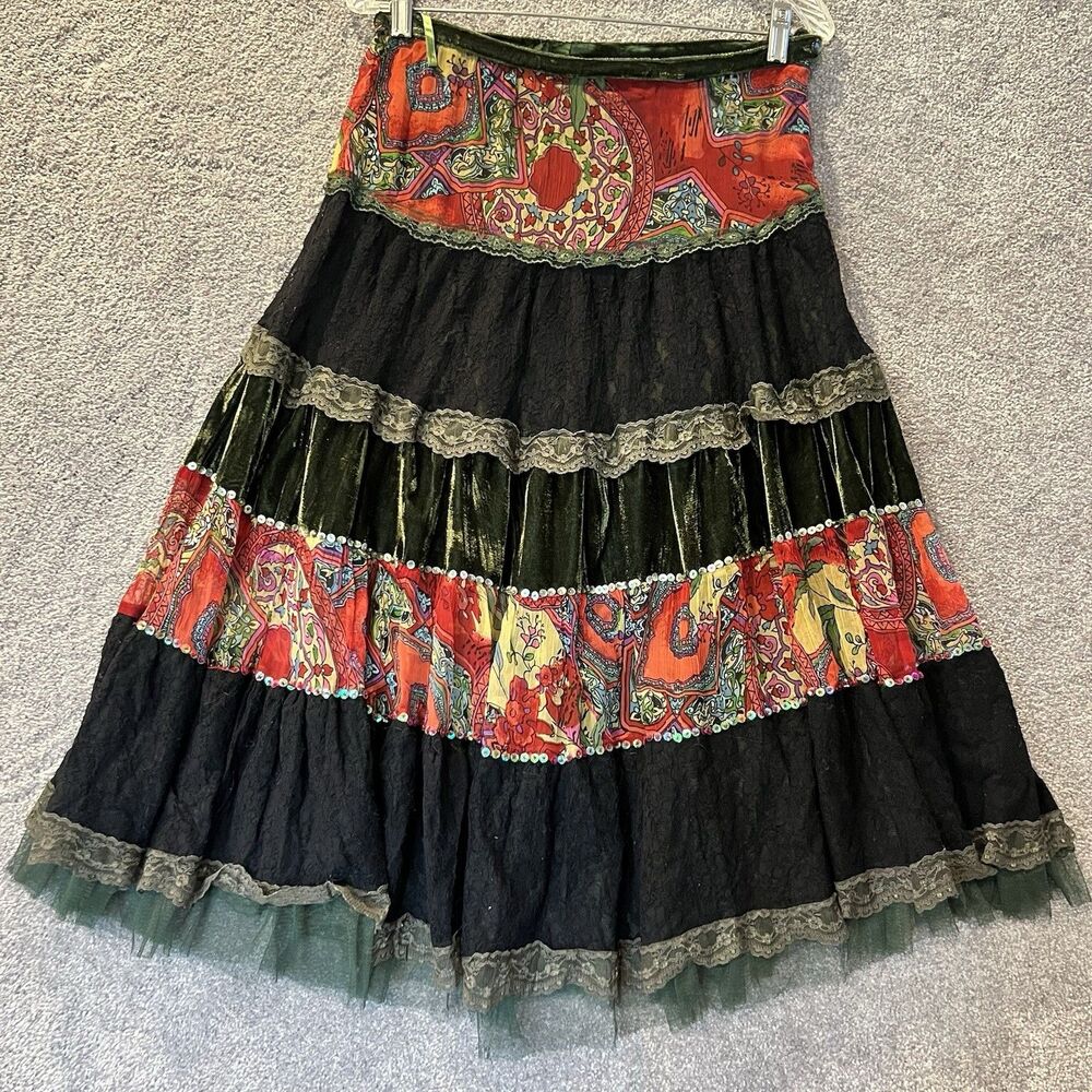 L'Pogee Skirt Womens M Silk Velvet Tiered Maxi Patchwork Lace Sequins Boho Gypsy